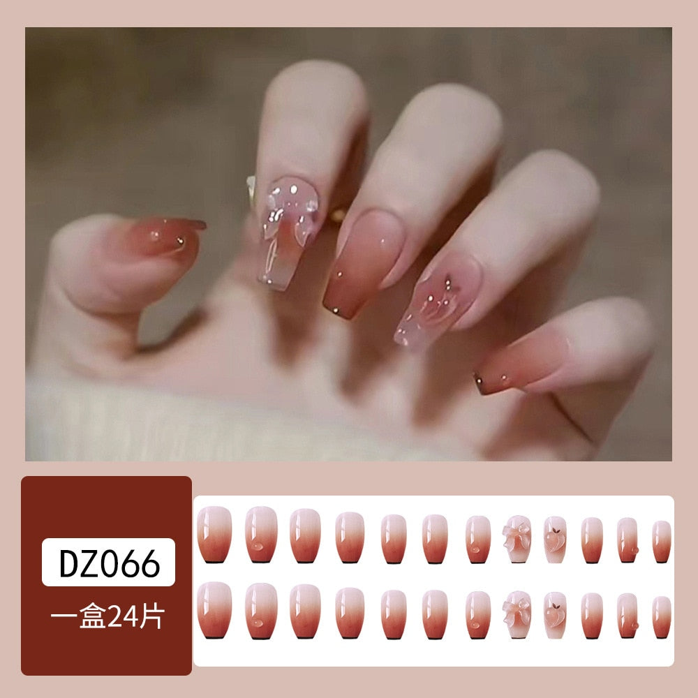 24Pcs Glitter Pink Fake Nails Press on French Set almond Cute Nail Art korean Fake Nails Acrylic Full Cover Tips with Glue DZ066