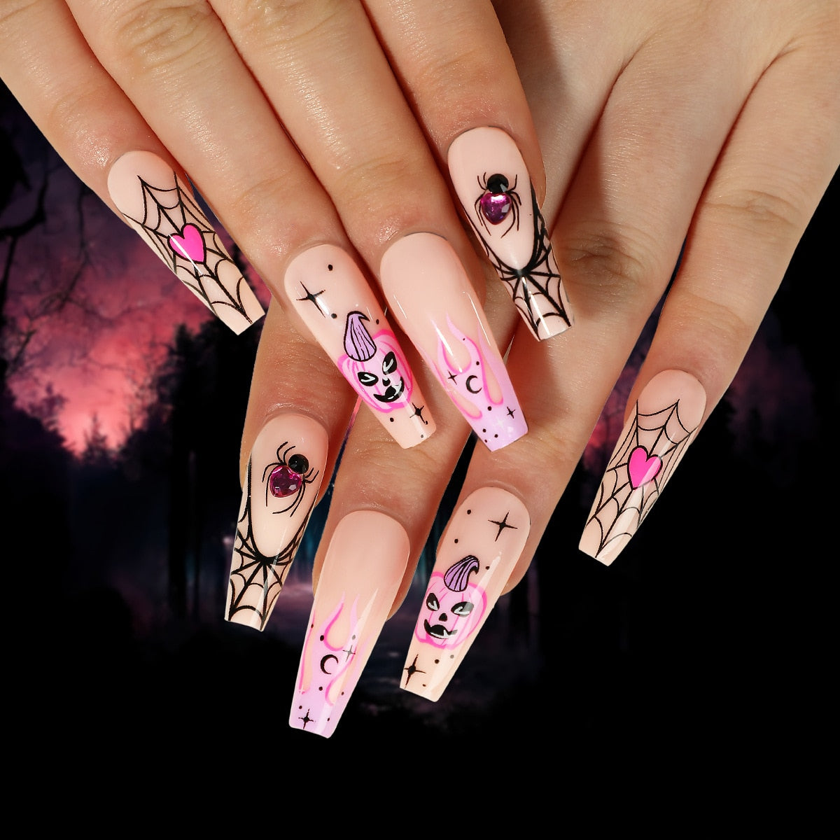 24Pcs Halloween Black Ghost Long Ballet False Nails With Heart Blood Design Halloween Press On Nails Detachable Full Cover Nails 2509