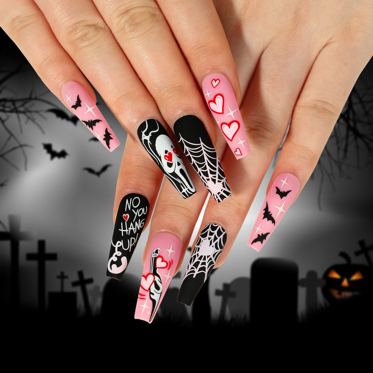 24Pcs Halloween Black Ghost Long Ballet False Nails With Heart Blood Design Halloween Press On Nails Detachable Full Cover Nails 2501