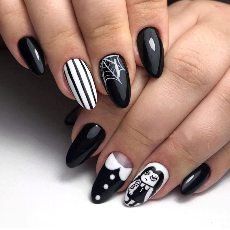 24Pcs Halloween Black Ghost Long Ballet False Nails With Heart Blood Design Halloween Press On Nails Detachable Full Cover Nails 76