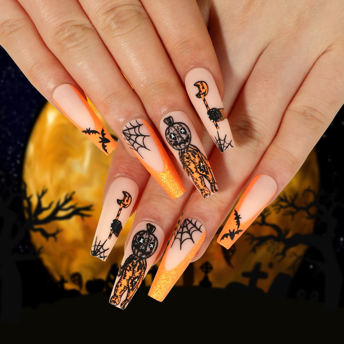 24Pcs Halloween Black Ghost Long Ballet False Nails With Heart Blood Design Halloween Press On Nails Detachable Full Cover Nails 2503
