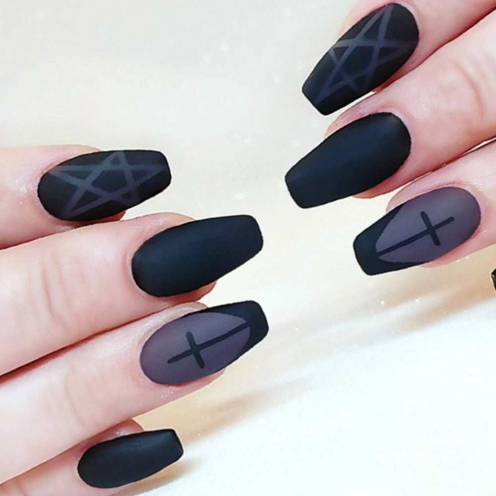 24Pcs Halloween Black Ghost Long Ballet False Nails With Heart Blood Design Halloween Press On Nails Detachable Full Cover Nails DY344