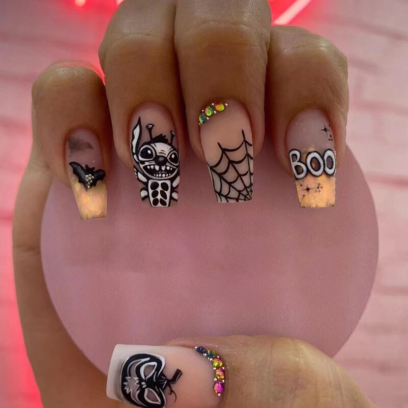 24Pcs Halloween Black Ghost Long Ballet False Nails With Heart Blood Design Halloween Press On Nails Detachable Full Cover Nails 718