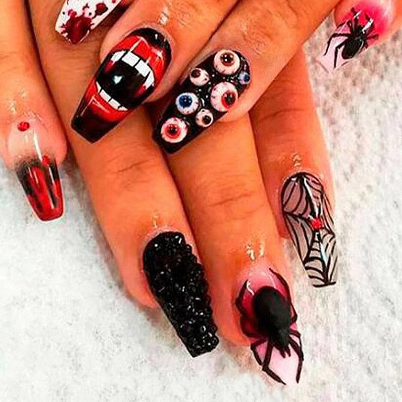 24Pcs Halloween Extra Long Press on Nails Coffin Fake Nails Acrylic Black White Clown Designs Glossy Artificial Nails for Women BKS1884-65
