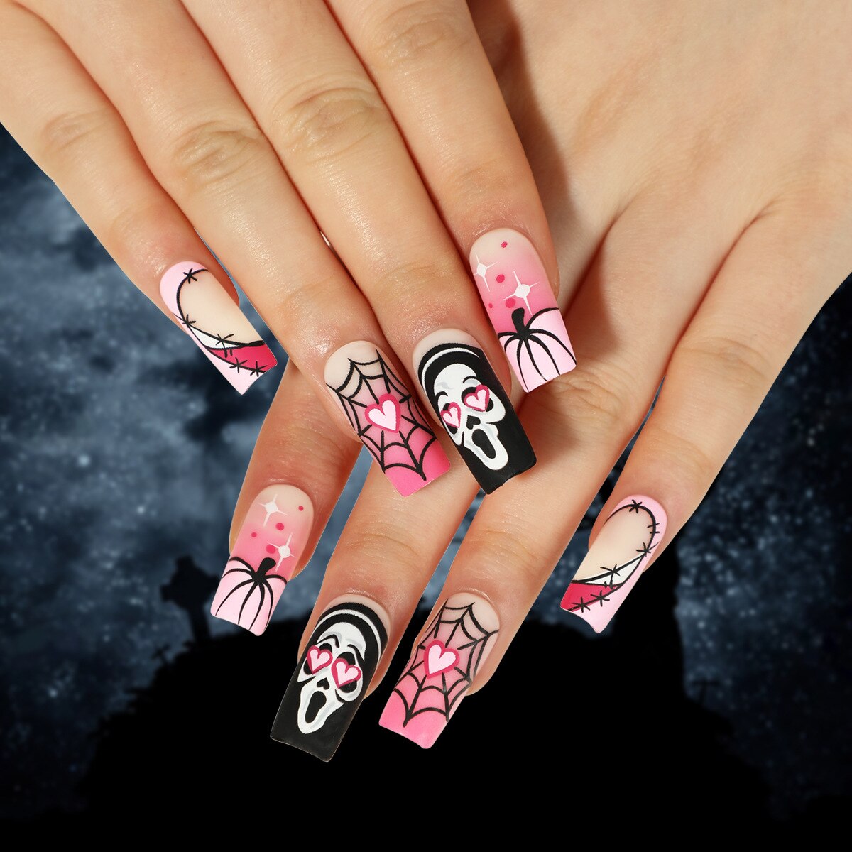 24Pcs Halloween Extra Long Press on Nails Coffin Fake Nails Acrylic Black White Clown Designs Glossy Artificial Nails for Women JP2510