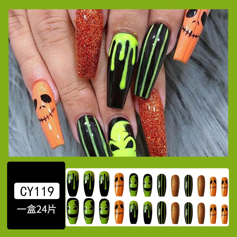 24Pcs Halloween Extra Long Press on Nails Coffin Fake Nails Acrylic Black White Clown Designs Glossy Artificial Nails for Women CY119-X