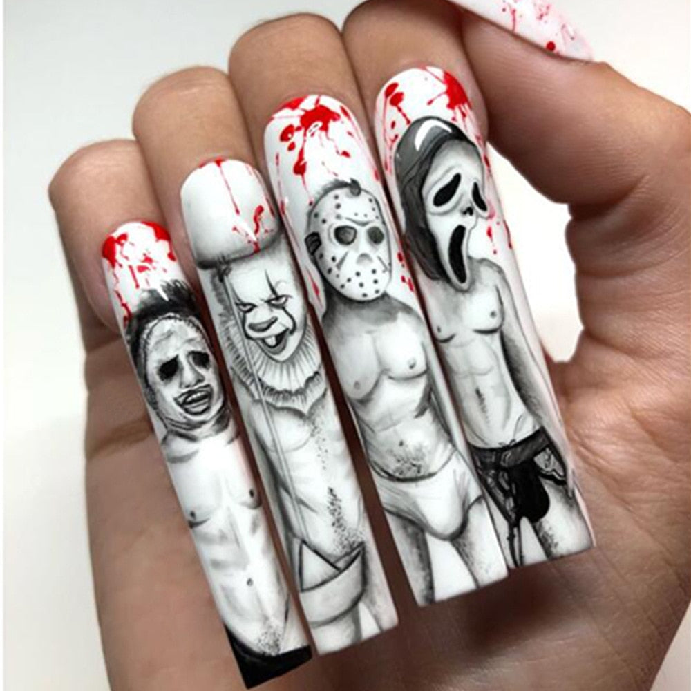 24Pcs Halloween Extra Long Press on Nails Coffin Fake Nails Acrylic Black White Clown Designs Glossy Artificial Nails for Women
