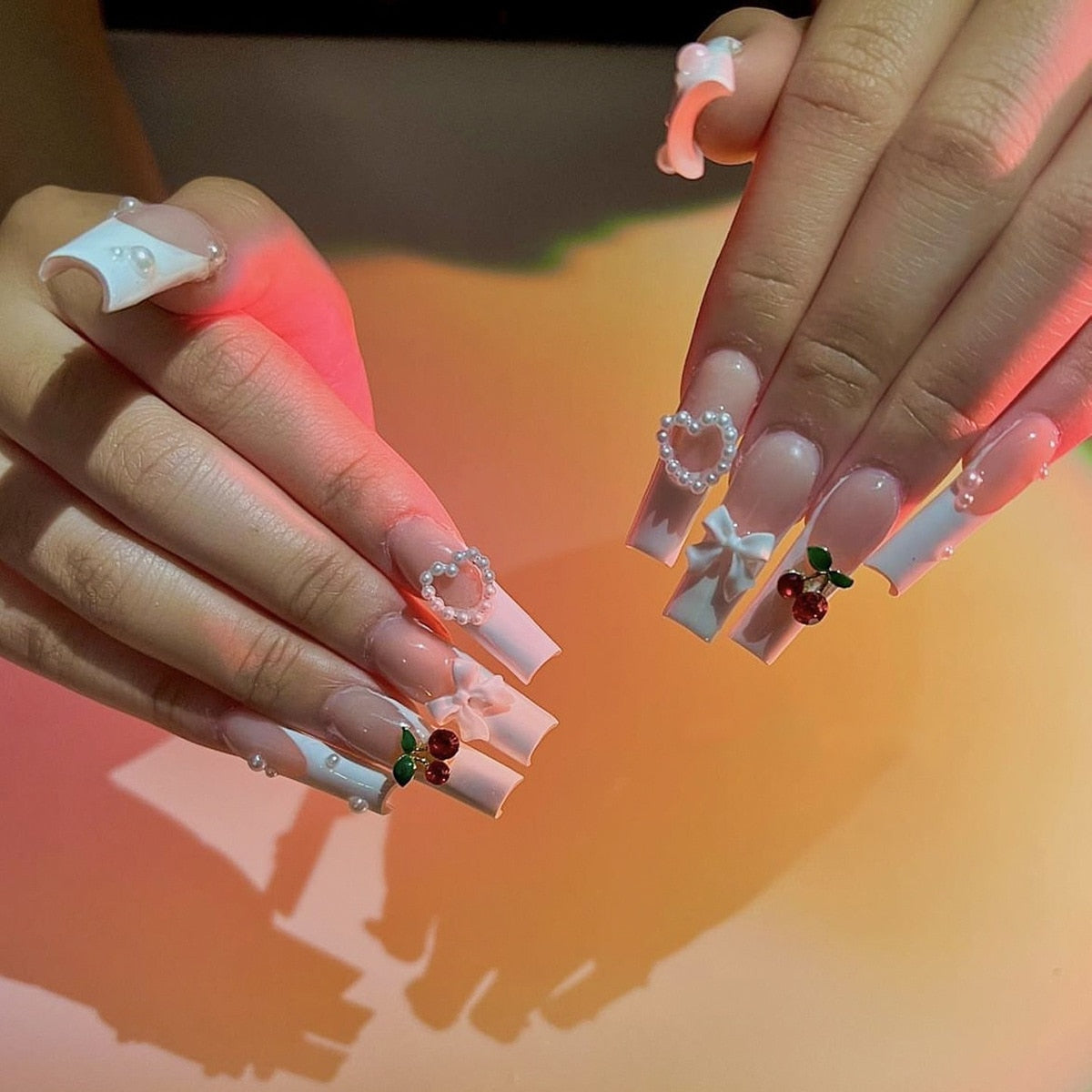 24Pcs Long Ballerina False Nails Press on Nails Serpentine Flower with Rhinestones French Fake Nails Wearable White Nails Tips XY-51-15