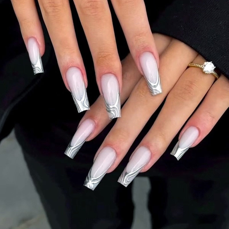 24Pcs Long Ballerina False Nails Press on Nails Serpentine Flower with Rhinestones French Fake Nails Wearable White Nails Tips 658