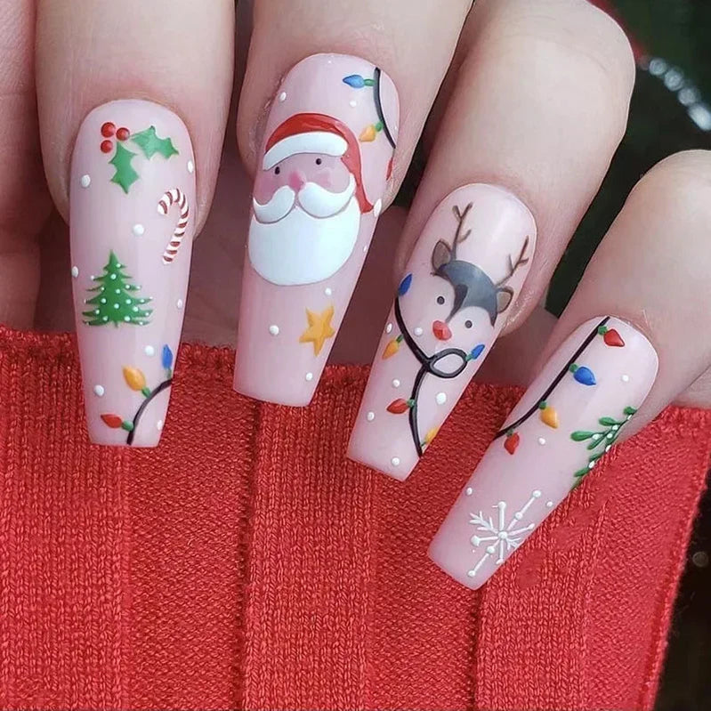 24Pcs Long Ballet Christmas False Nails Wearable Xmas pattern Fake Nails Elk Santa Claus snowflakes Full Cover Press on Nail Tip 1