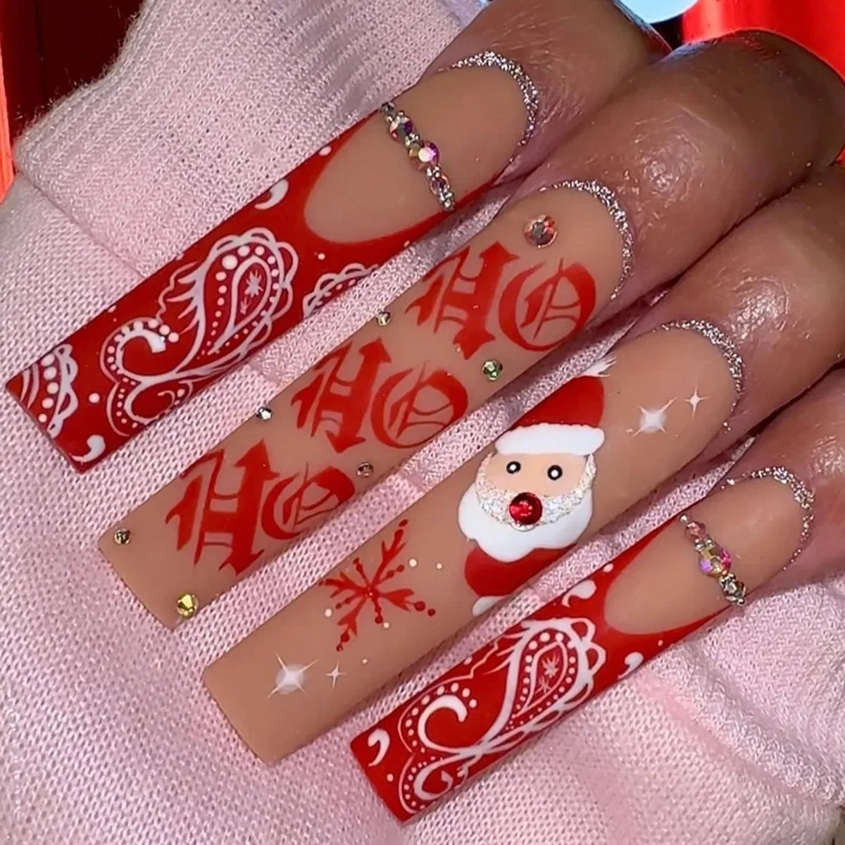 24Pcs Long Ballet Christmas False Nails Wearable Xmas pattern Fake Nails Elk Santa Claus snowflakes Full Cover Press on Nail Tip 20