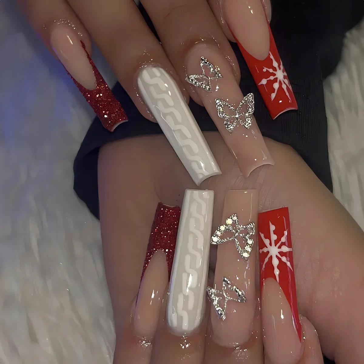 24Pcs Long Ballet Christmas False Nails Wearable Xmas pattern Fake Nails Elk Santa Claus snowflakes Full Cover Press on Nail Tip 11
