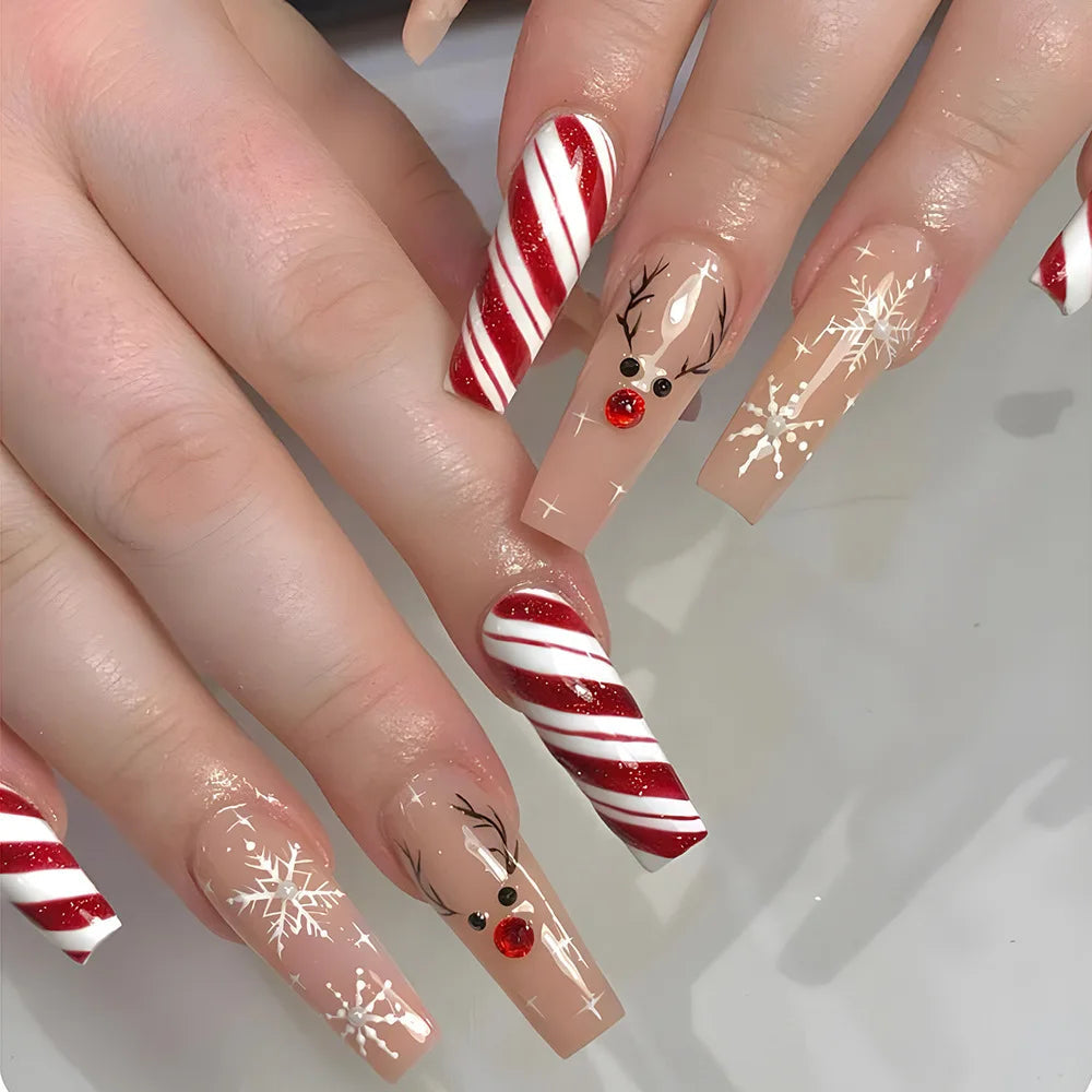 24Pcs Long Ballet Christmas False Nails Wearable Xmas pattern Fake Nails Elk Santa Claus snowflakes Full Cover Press on Nail Tip 6