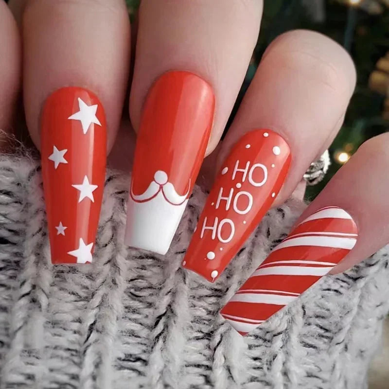 24Pcs Long Ballet Christmas False Nails Wearable Xmas pattern Fake Nails Elk Santa Claus snowflakes Full Cover Press on Nail Tip 7