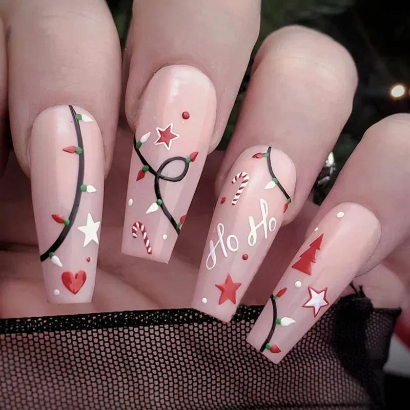24Pcs Long Ballet Christmas False Nails Wearable Xmas pattern Fake Nails Elk Santa Claus snowflakes Full Cover Press on Nail Tip 5