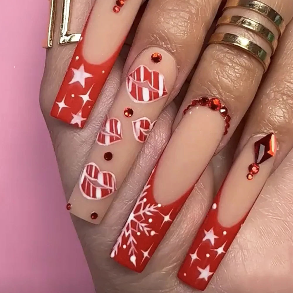 24Pcs Long Ballet Christmas False Nails Wearable Xmas pattern Fake Nails Elk Santa Claus snowflakes Full Cover Press on Nail Tip 8