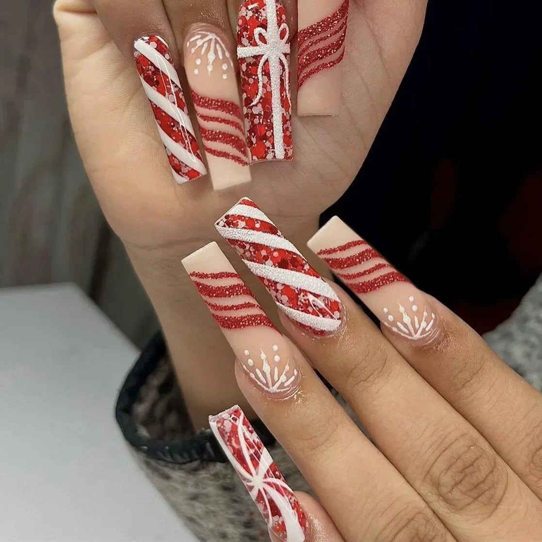 24Pcs Long Ballet Christmas False Nails Wearable Xmas pattern Fake Nails Elk Santa Claus snowflakes Full Cover Press on Nail Tip 37