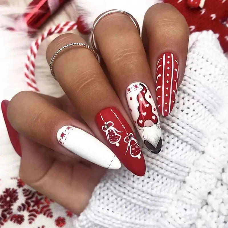 24Pcs Long Ballet Christmas False Nails Wearable Xmas pattern Fake Nails Elk Santa Claus snowflakes Full Cover Press on Nail Tip 10