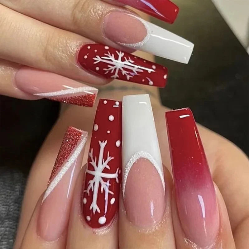 24Pcs Long Ballet Christmas False Nails Wearable Xmas pattern Fake Nails Elk Santa Claus snowflakes Full Cover Press on Nail Tip 15
