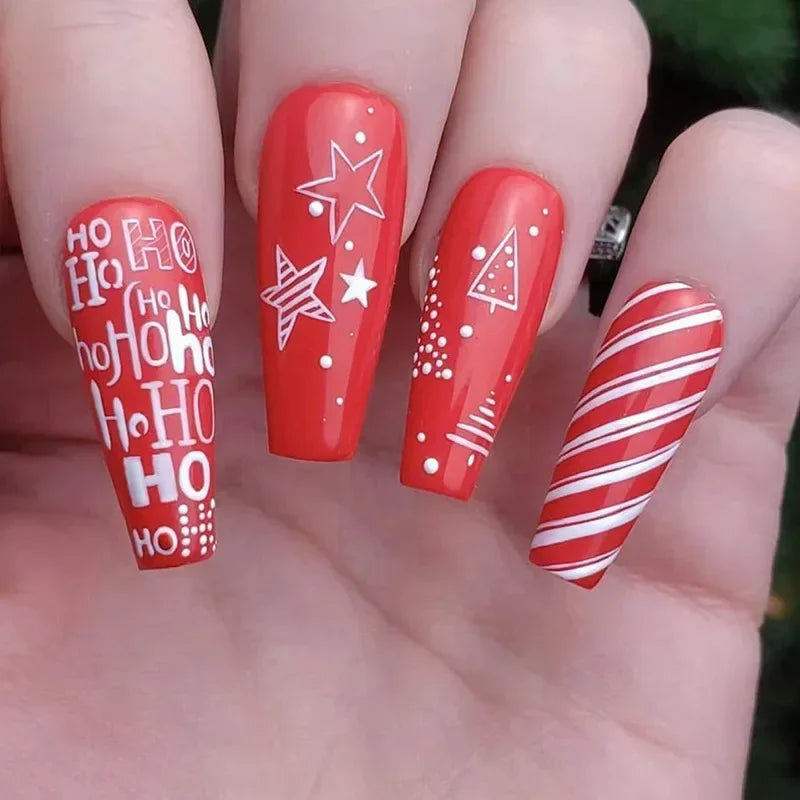 24Pcs Long Ballet Christmas False Nails Wearable Xmas pattern Fake Nails Elk Santa Claus snowflakes Full Cover Press on Nail Tip 9