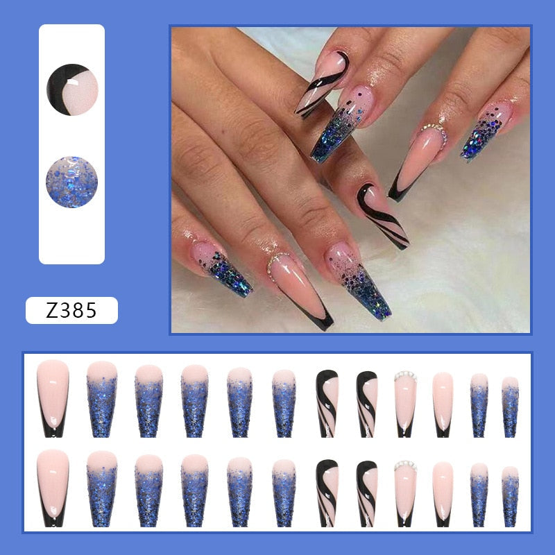 24Pcs Long Coffin False Nails Gold Glitter Sequins Designs Press On Full Cover Fake Nails Tips Wearable Manicure Art Accessories A8