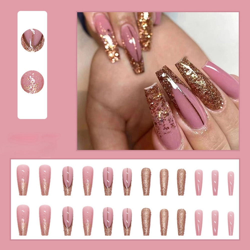 24Pcs Long Coffin False Nails Gold Glitter Sequins Designs Press On Full Cover Fake Nails Tips Wearable Manicure Art Accessories A1