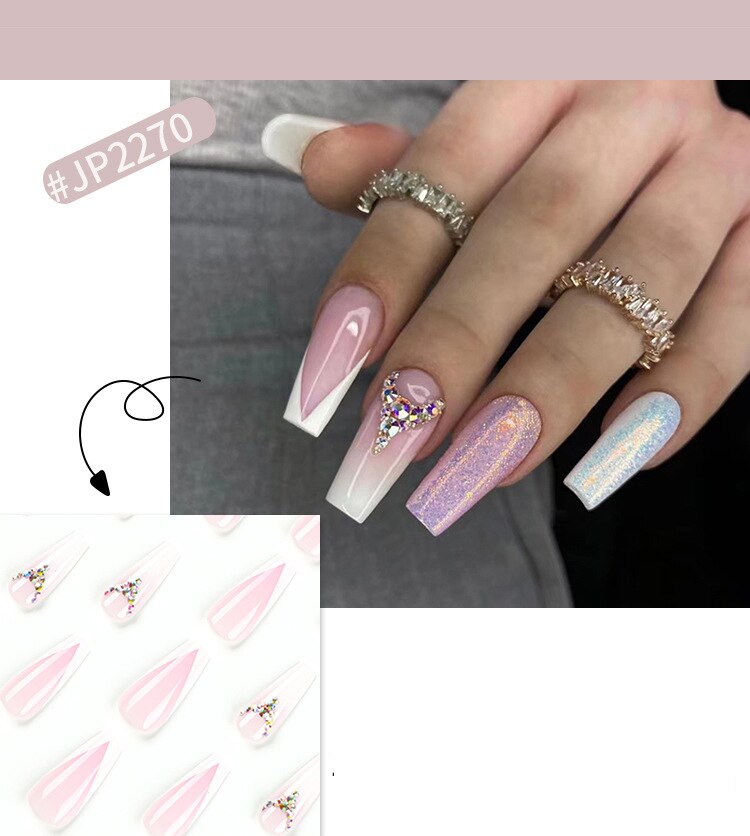 24Pcs Long Coffin False Nails Gold Glitter Sequins Designs Press On Full Cover Fake Nails Tips Wearable Manicure Art Accessories D3