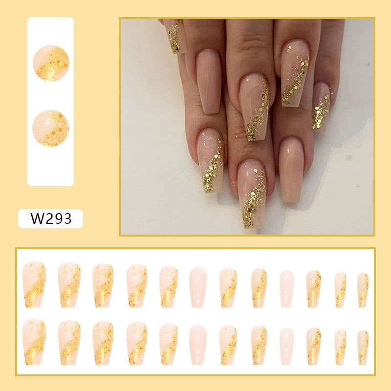 24Pcs Long Coffin False Nails Gold Glitter Sequins Designs Press On Full Cover Fake Nails Tips Wearable Manicure Art Accessories C2