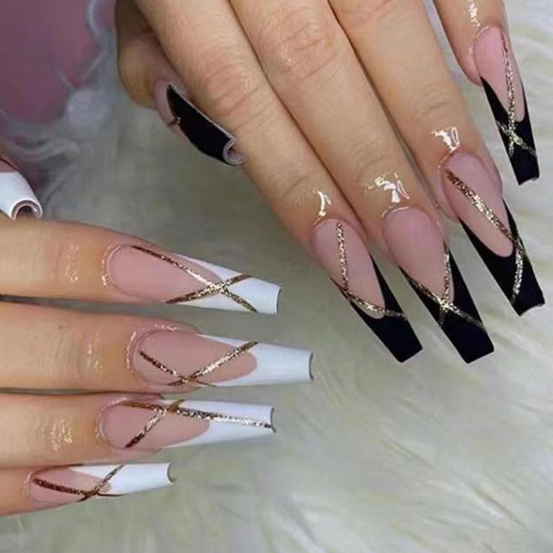 24Pcs Long Coffin False Nails with Glue Wearable Brown Fake Nails with Rhinestones Ballet Press on Nails Full Cover Nail Tips 124 1