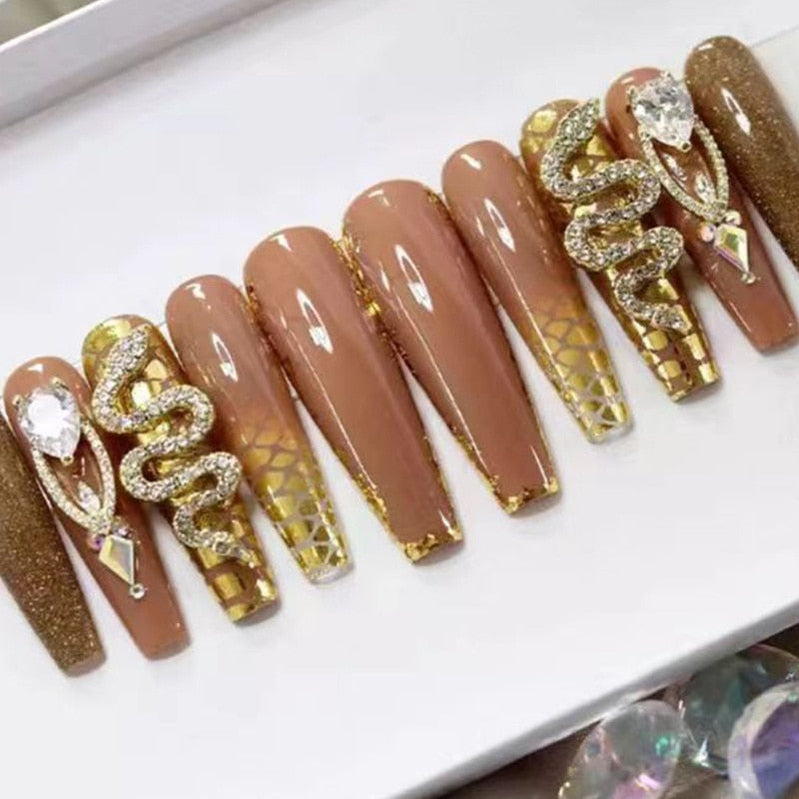 24Pcs Long Coffin False Nails with Glue Wearable Brown Fake Nails with   Rhinestones Ballet Press on Nails Full Cover Nail Tips Basso & Brooke