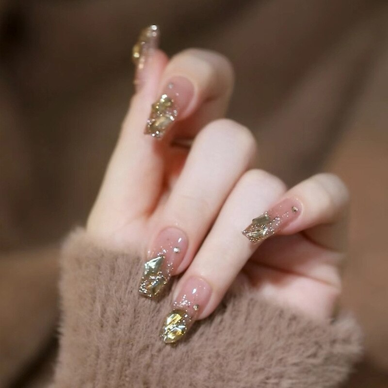 24Pcs Long Coffin Square False Nails Ballet Fake Nails Press on Nails Black Heart Rhinestone Design Glitter Full Cover Nail Tips 1096