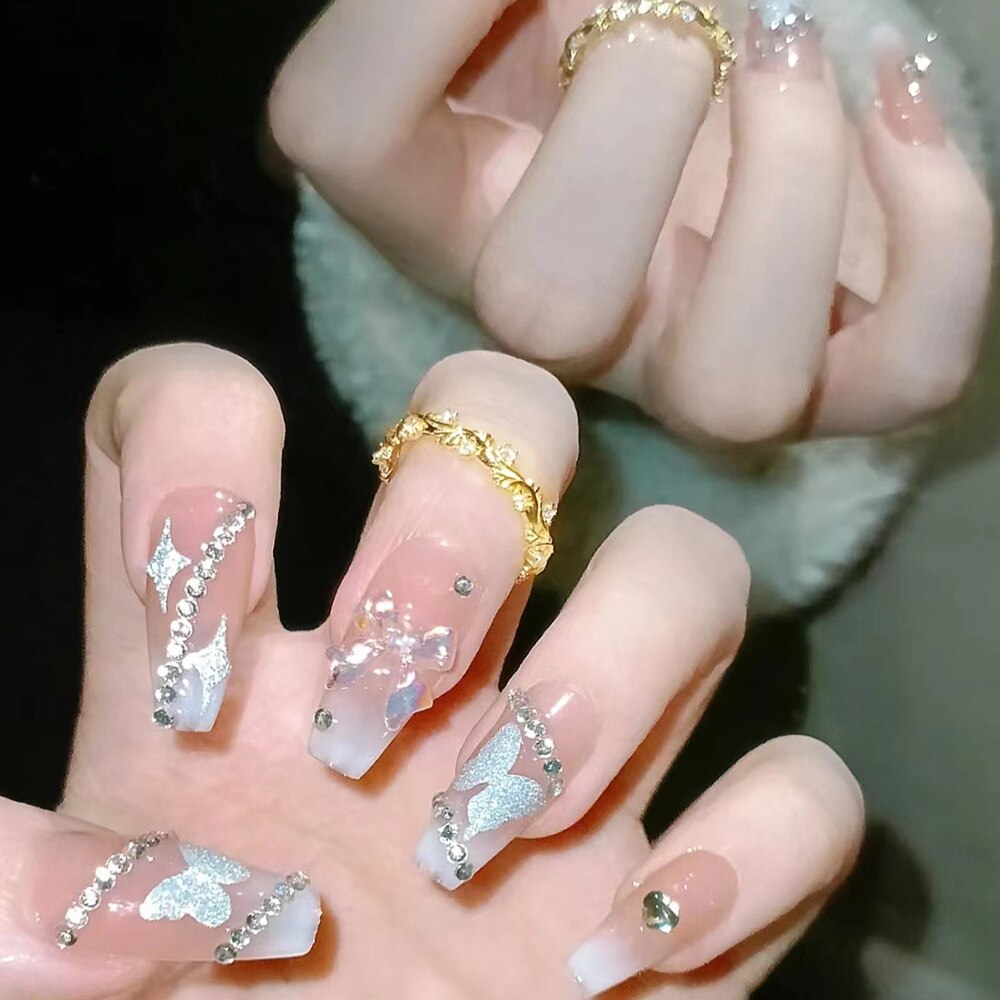 24Pcs Long Coffin Square False Nails Ballet Fake Nails Press on Nails Black Heart Rhinestone Design Glitter Full Cover Nail Tips 48