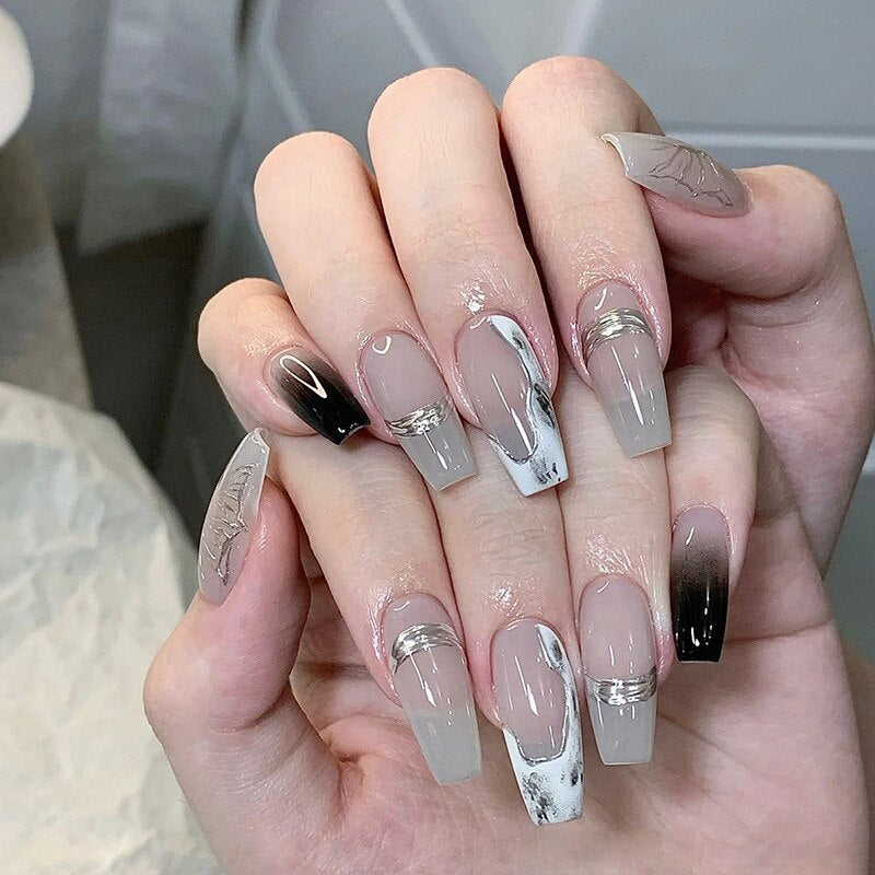 24Pcs Long Coffin Square False Nails Ballet Fake Nails Press on Nails Black Heart Rhinestone Design Glitter Full Cover Nail Tips