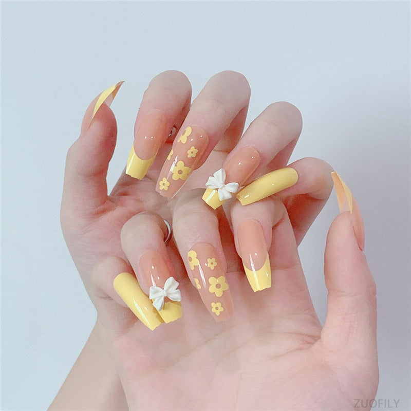 24Pcs Long Love Bow Design French Style Fake Nails Cute Flowers Blue Flame Detachable Press on False Nail Tips Manicure Nail Art JP1165