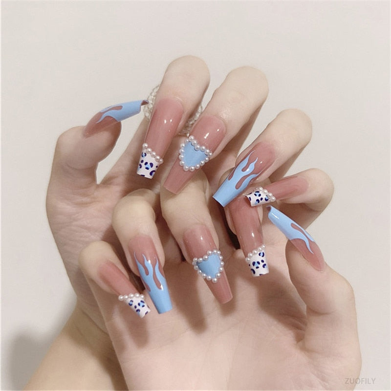 24Pcs Long Love Bow Design French Style Fake Nails Cute Flowers Blue Flame Detachable Press on False Nail Tips Manicure Nail Art