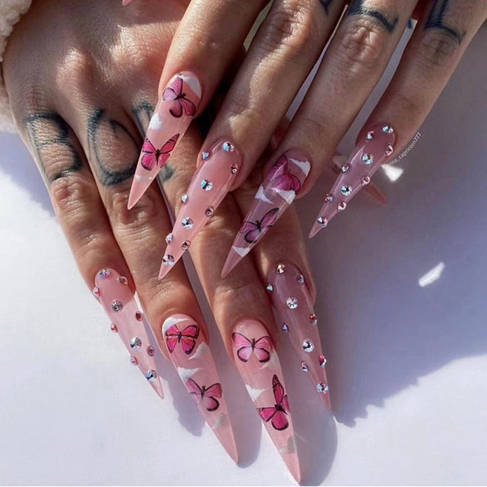 24Pcs Press On Nails Long Stiletto False Nails With Glue Pink Butterfly Cloud Rhinestones Design Acrylic Fake Nail Detachable Basso & Brooke