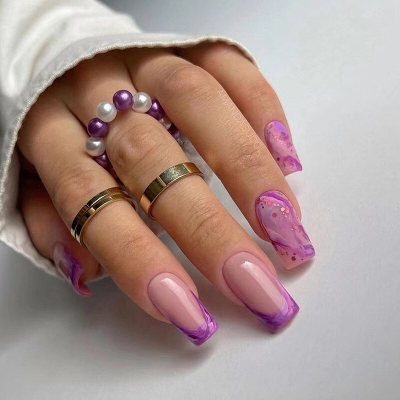 24Pcs Purple Y2K Press on Nails Star Diamond Designs Full Cover Fake Nails Long Coffin Acrylic False Nails for Women 2023 New YA-05