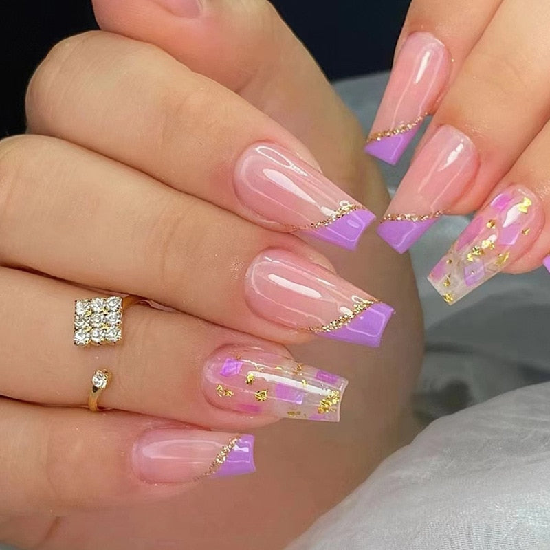 24Pcs Purple Y2K Press on Nails Star Diamond Designs Full Cover Fake Nails Long Coffin Acrylic False Nails for Women 2023 New YA-18
