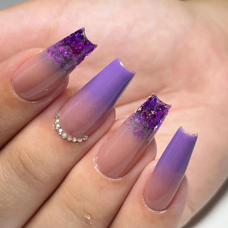 24Pcs Purple Y2K Press on Nails Star Diamond Designs Full Cover Fake Nails Long Coffin Acrylic False Nails for Women 2023 New YA-10