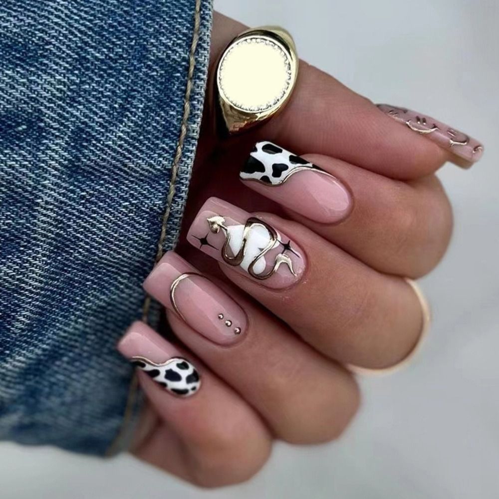 24Pcs Rose Red Black Contrast Color False Nails Coconut Tree Pearl White French Fake Nails Ballerina Coffin Manicure Tool 23