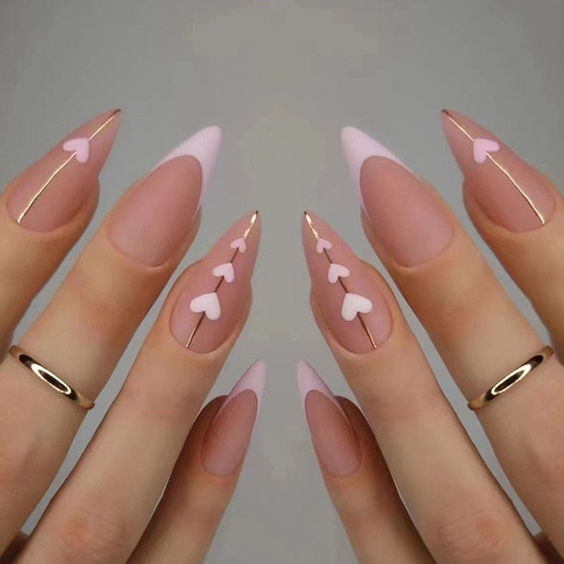 24Pcs Round Head Fake Nails with French Design Long Almond Pink Love False Nail Tips Wearable Acrylic Full Cover Press on Nails Basso & Brooke