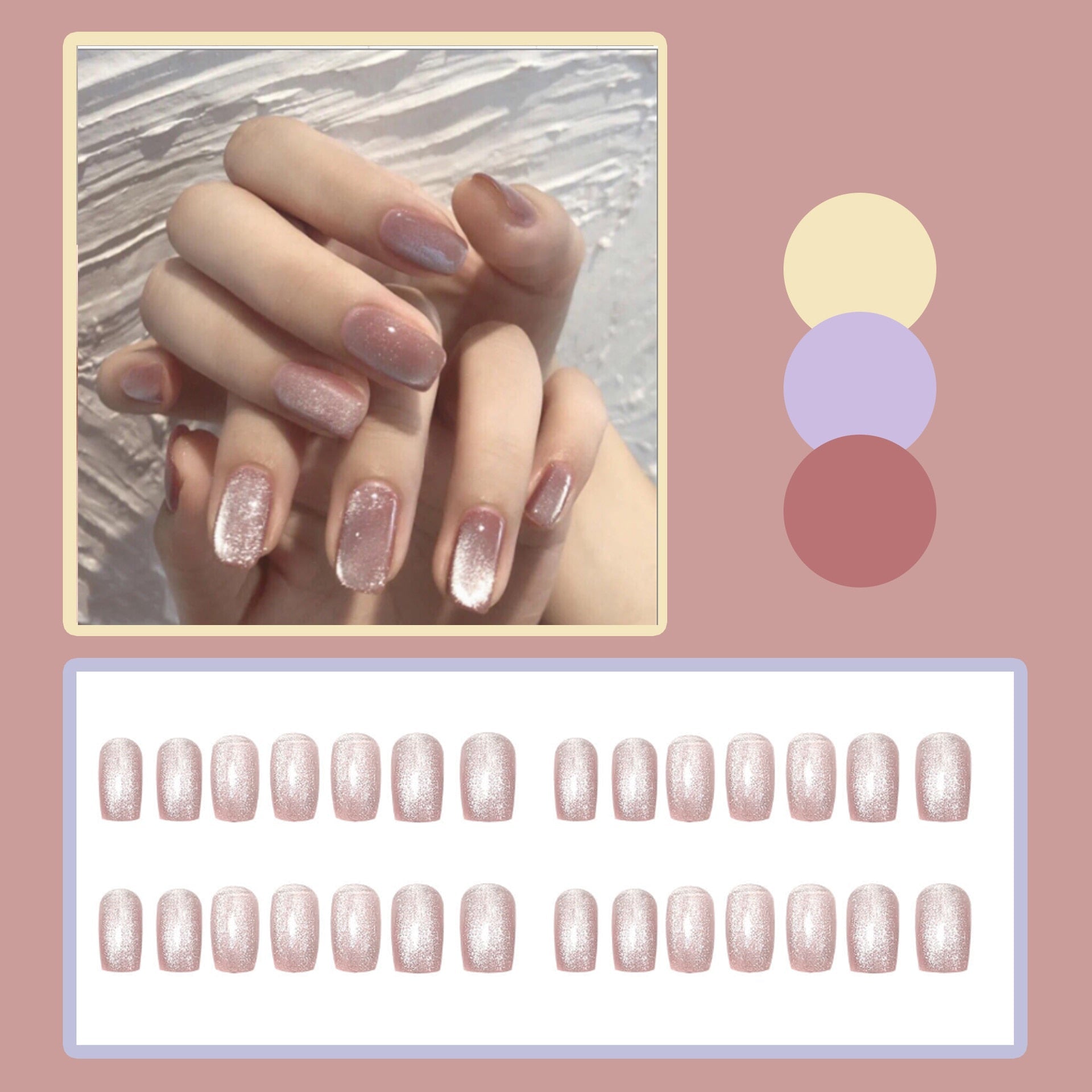 24Pcs Short Square Head False Nails Wearable Cat eye Glitter Sequins Diamond Fake Nails Full Cover Nail Tips Press On Nails 13