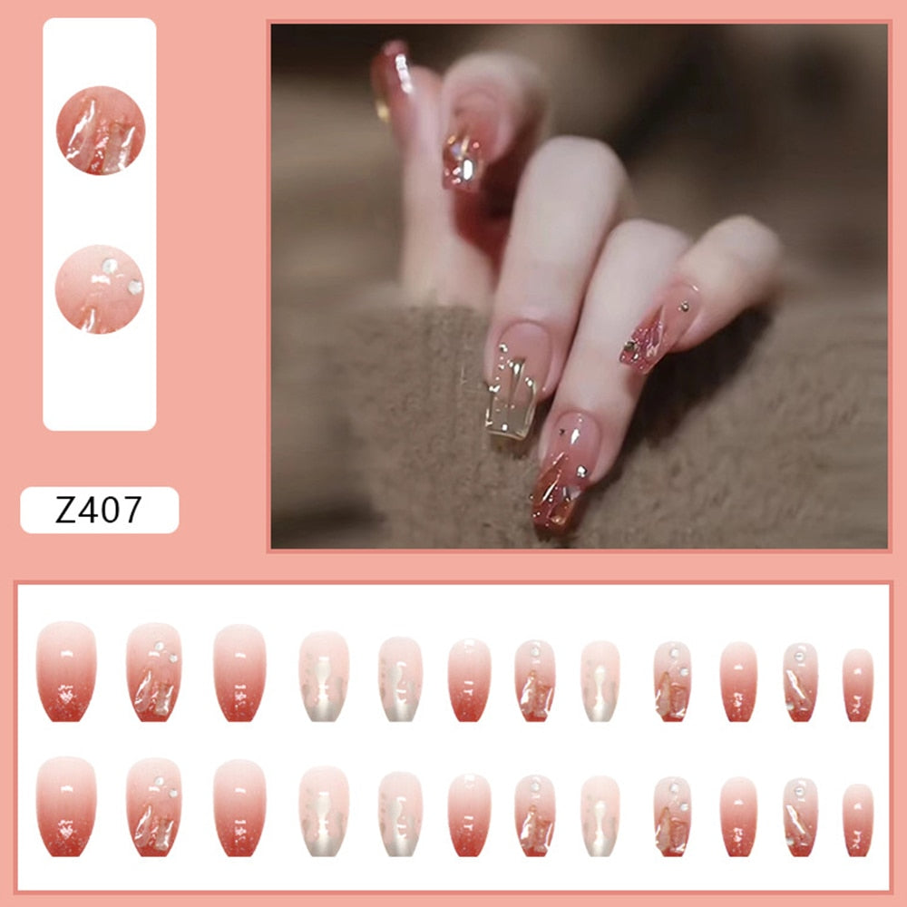 24Pcs Super Shiny False Nails 3D Drop Diamond y2k Mid-length Coffin Ballet Fake Nails Full Finished Fake Nail Patches For Girls 7