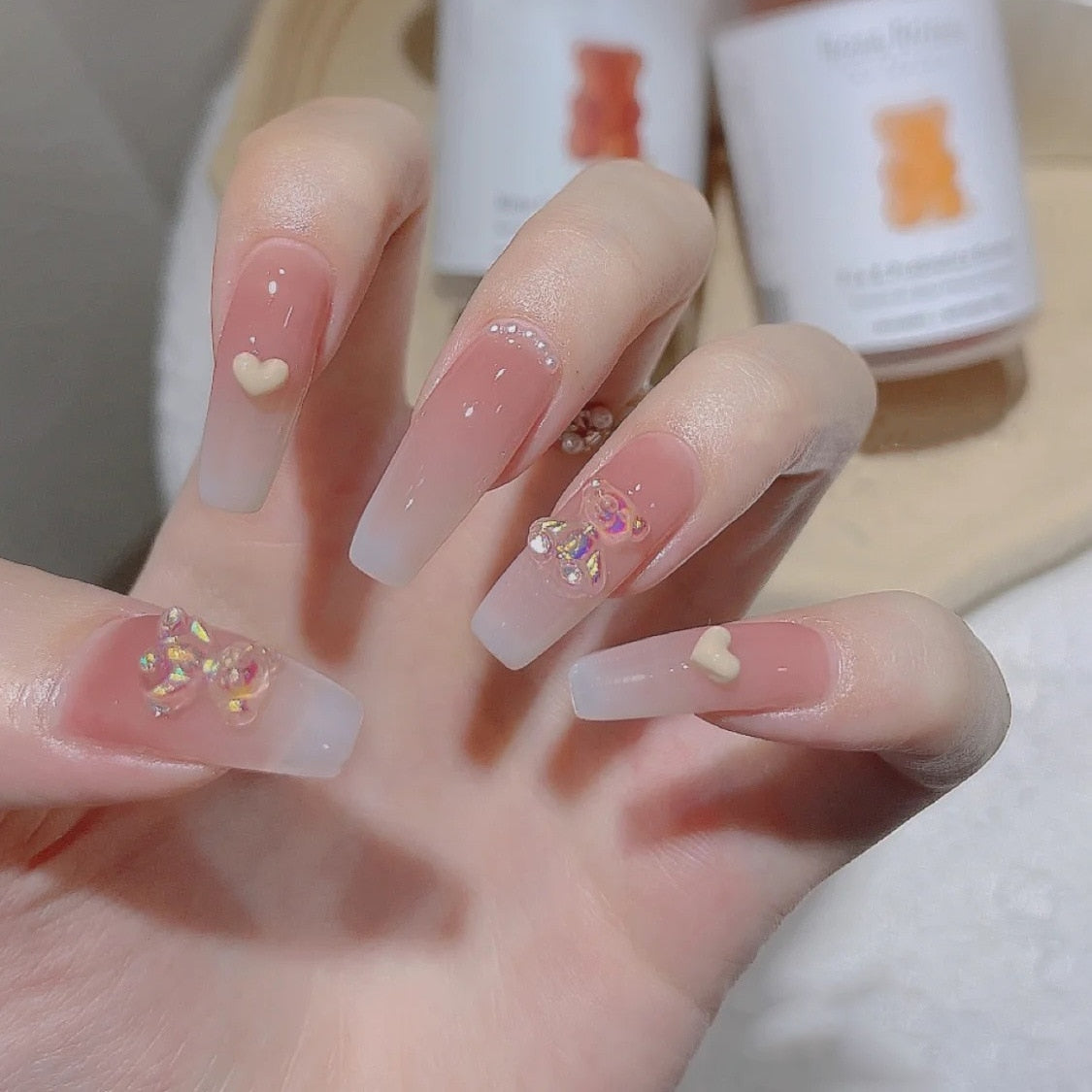 24Pcs Three-dimensional Love Heart False Nails with French Design Long Coffin Wearable Fake Nails Rhinestone Press on Nails Tips 272