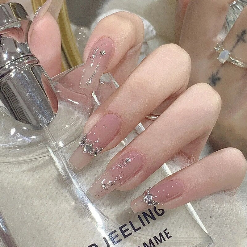 24Pcs Three-dimensional Love Heart False Nails with French Design Long Coffin Wearable Fake Nails Rhinestone Press on Nails Tips 15214