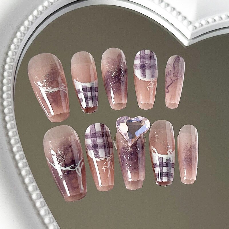 24Pcs Three-dimensional Love Heart False Nails with French Design Long Coffin Wearable Fake Nails Rhinestone Press on Nails Tips K008