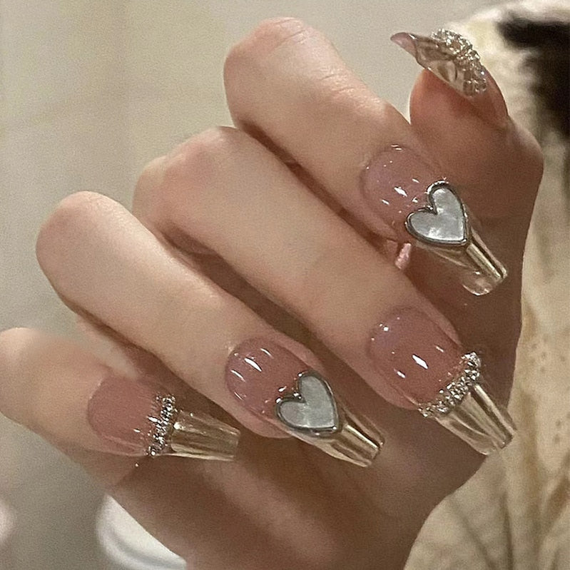 24Pcs Three-dimensional Love Heart False Nails with French Design Long Coffin Wearable Fake Nails Rhinestone Press on Nails Tips Basso & Brooke