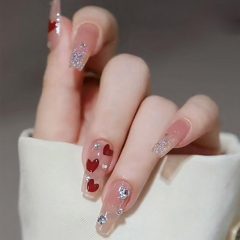 24Pcs Wearable False Nails with Glue Glitter Heart-shaped Rhinestone Design Full Cover Nail Tips Acrylic Fake Nails Press on HY263