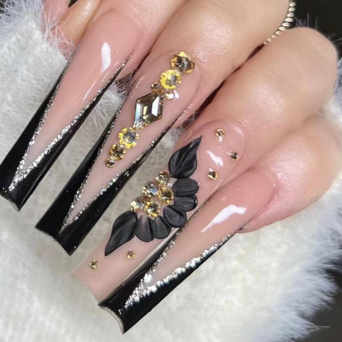 24Pcs Yellow False Nails Long Coffin Flower Butterfly with Rhinestones French Design Wearable Fake Nails Press on Nails Tips Z-54
