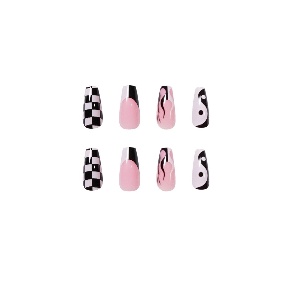 24p Black and White Flame Yin Yang Chessboard Pink Ballet Fake Nail Coffin Full Cover Artificial False Nails Press on Nail Art